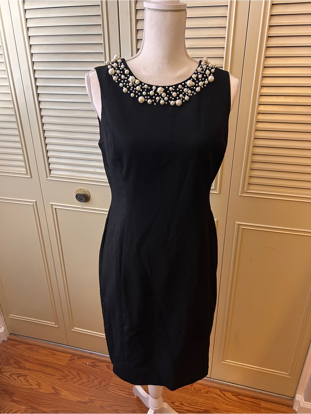 Calvin Klein Black Midi Dress with Pearl-Embellished Neckline